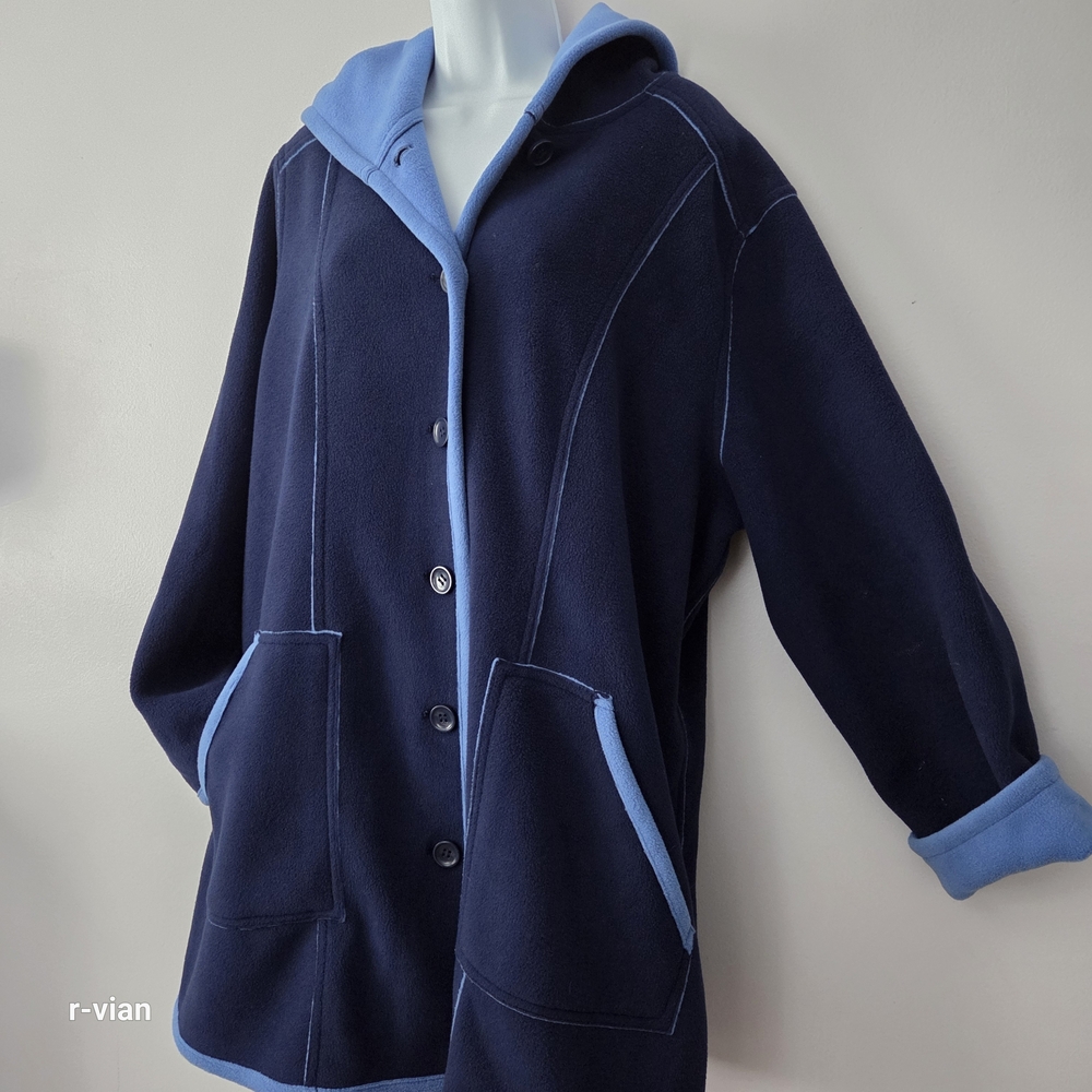 Susan Graver Navy and Light Blue Hooded Fleece Coat